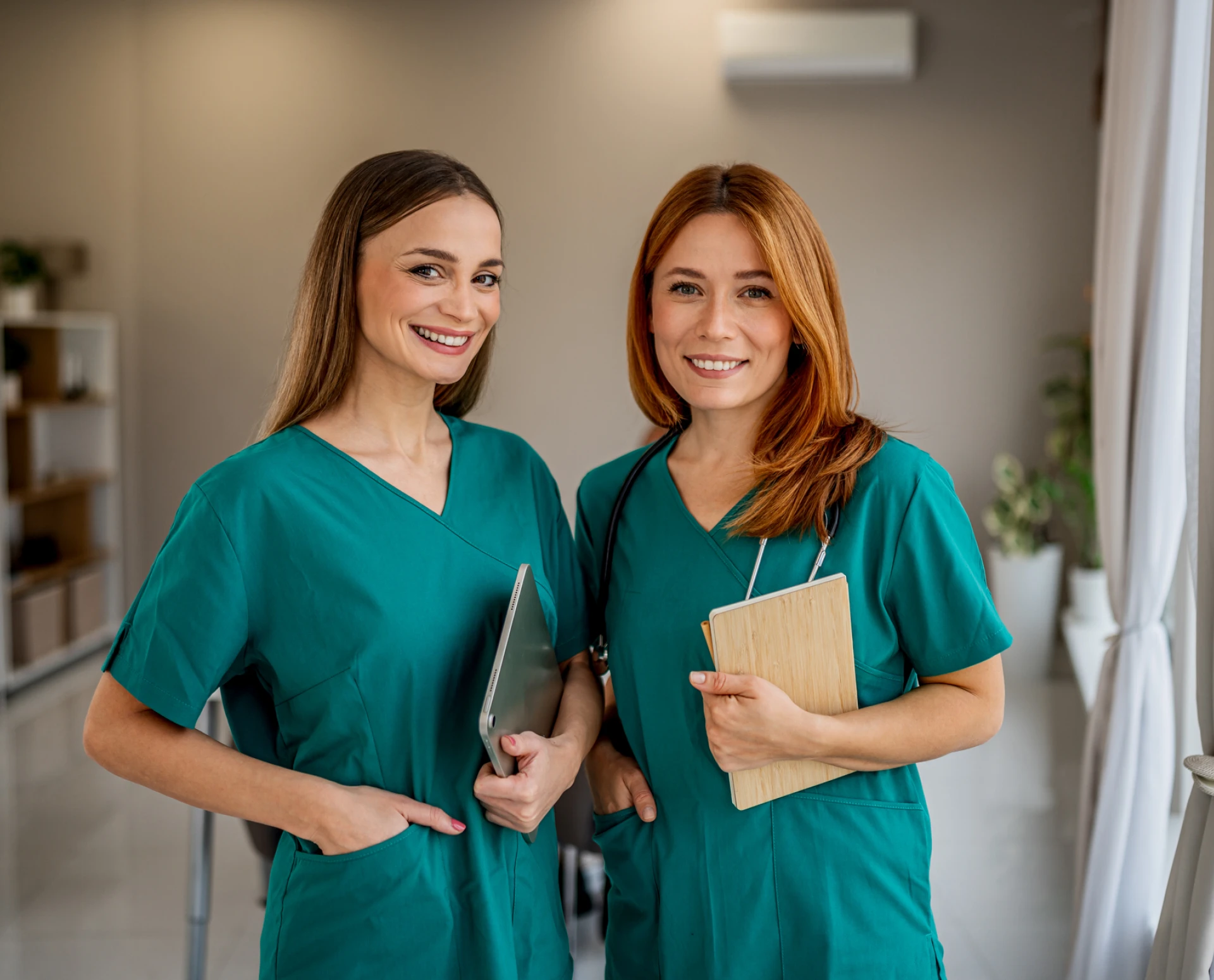Medical staff in clinic setting, smiling